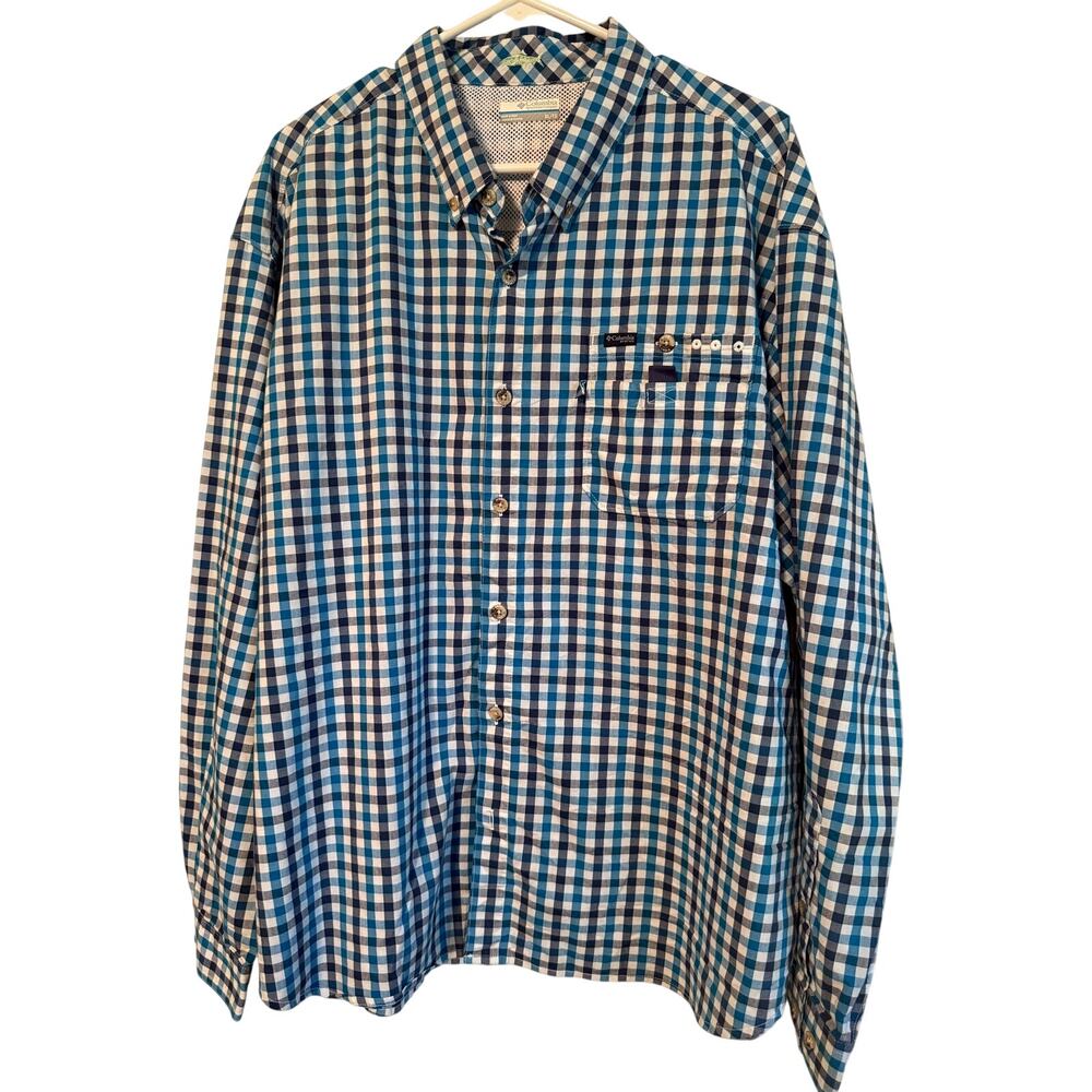 Columbia PFG Men's XL Blue White Gingham Plaid Long Sleeve Fishing Shirt EUC